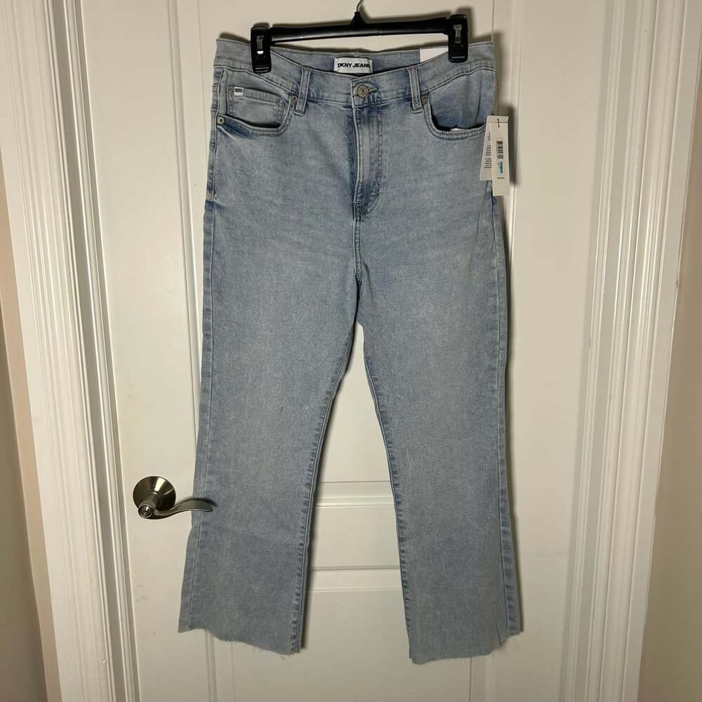 DKNY Jeans High Rise Flare Jeans Size 31 Light Wash Raw Hem